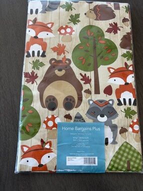 Woodland Friends Vinyl Tablecloth - Fox, Bear, Raccoon, Tree Print